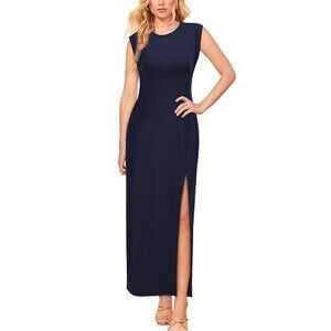 Woosea Navy Sleeveless Crew Neck Front Slit Maxi Dress with Pockets